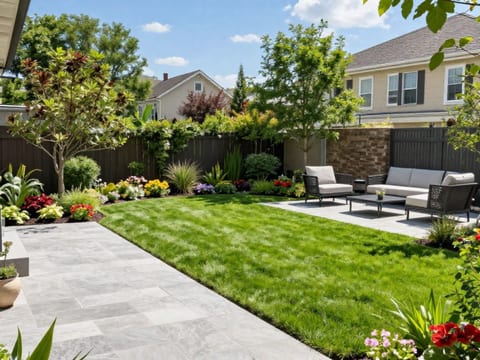 Terrasse et pelouse après travaux paysagers